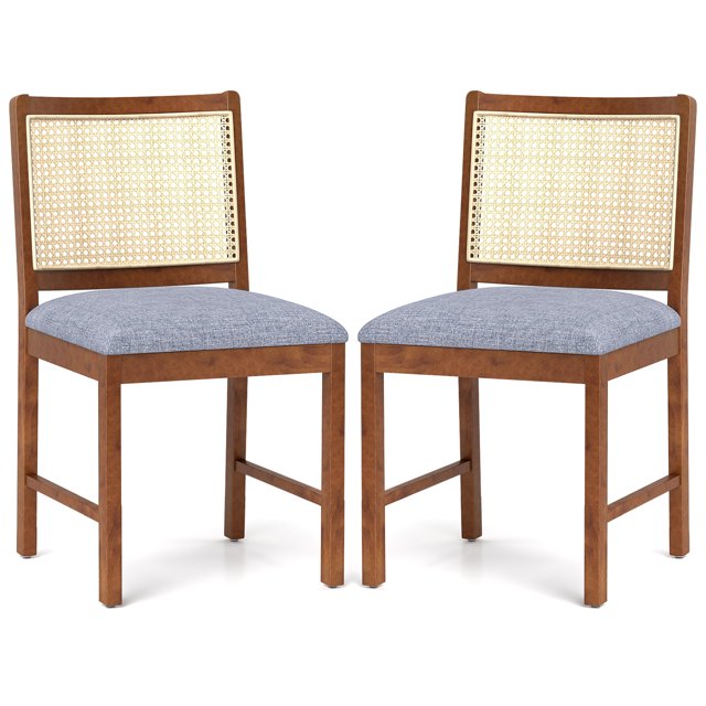 Giantex Set of 2 Rattan Dining Chairs, Wooden Kitchen Armless Chairs, Padded Side Chairs