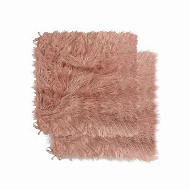 LAREDO FAUX FUR SEAT CUSHIONS 16" X 16" 2-PACK with two square dusty pink faux sheepskin chair pads featuring thick plush pile, micro suede anti-slip backing, and corner ties to secure on dining chairs, providing warmth and softness as stylish table linens accents, also suitable for cozy home office seating.