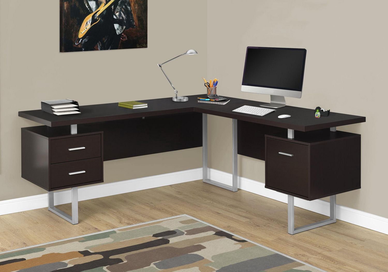 Monarch Specialties Computer Desk, Home Office, Corner, Left, Right Set-up, Storage Drawers, 70"l, L Shape, Work, Laptop, Metal, Laminate, Brown, Grey, Contemporary, Modern