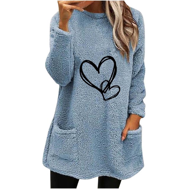 Pisexur Chandails pour Femmes en Molleton à Imprimé Cœur Col Rond Chandail chandail Hauts à Manches Longues pour Femmes Chandail d'Hiver Chaud Décontracté Ample Surdimensionné pour Femmes avec Poches