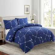 Marina Decoration Soft Silky Rich Printed Rayon from Bamboo All Season Duvet Cover Fitted Sheet Ensemble Bedding Set with Zipper and Corner Tie, Navy Blue Asterism Pattern