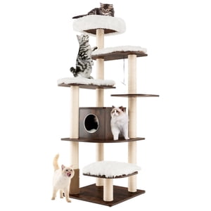 Costway Wooden Cat Tree 71" 7-Layer Cat Tower with Sisal Scratching Posts Perch & Cushions Brown