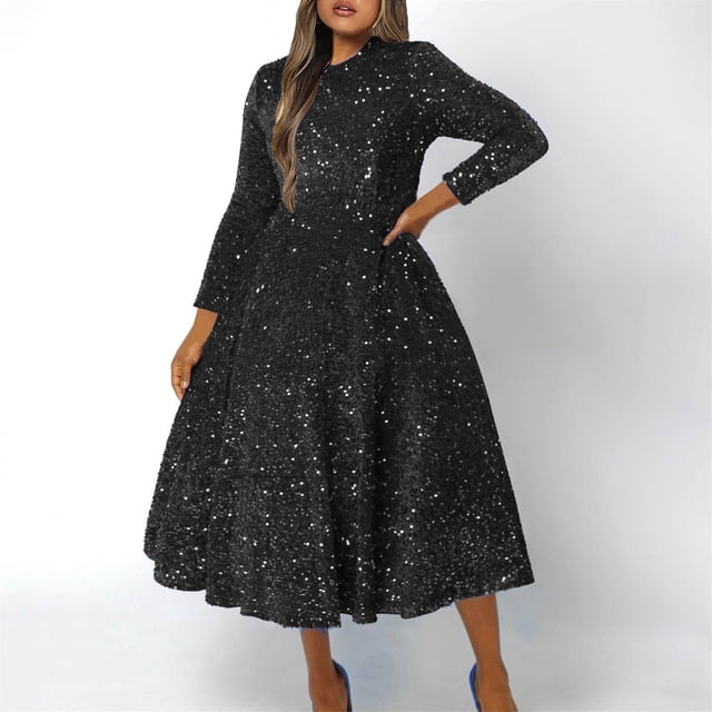 Aboser Robes de Bal à Paillettes pour Femmes Robe de Cocktail Formelle Robe de Soirée Grande Taille Robe Trapèze Col Ras du Cou Manches Longues Robes de Fête Robe Midi Brillante à Paillettes