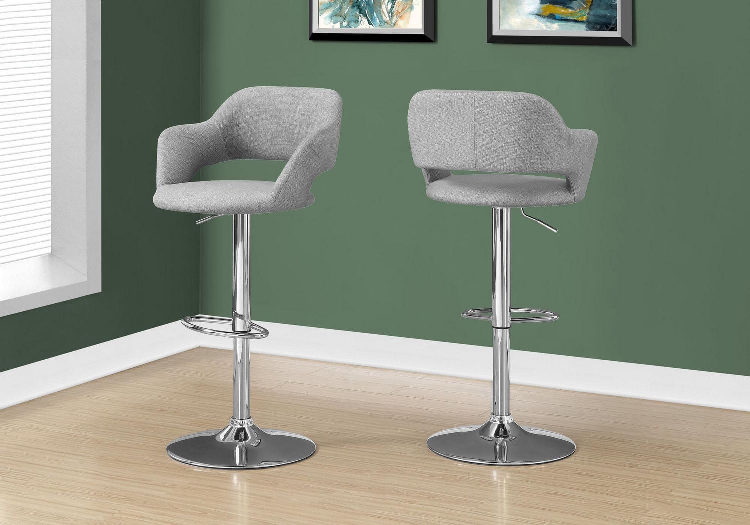 Monarch Specialties Bar Stool, Swivel, Bar Height, Adjustable, Metal, Fabric, Grey, Chrome, Contemporary, Modern