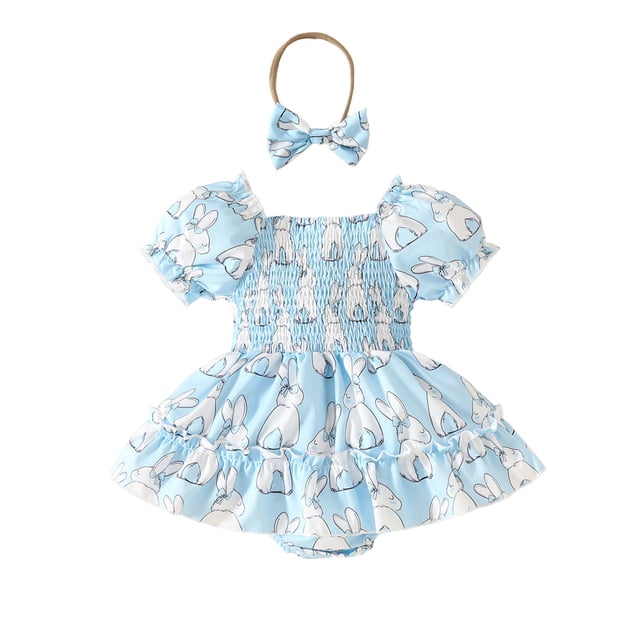 MIASHUI Ensemble de Vêtements pour Bébé Fille, Robe Barboteuse à Manches Courtes, Ourlet de Jupe à Motif Floral, Tenue, Bleu, 0-3 Mois