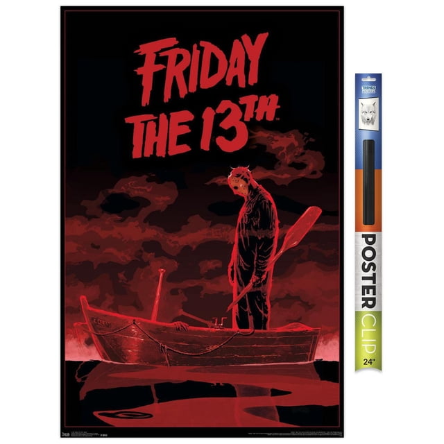 Friday The 13th - Affiche Murale de Bateau, 22,375 Pouces x 34 Pouces Mettant en Vedette une illustration Brillante Rouge et Noire d'Une Figurine Masquée Se Tenant sur une Barque en Bois Tenant une Pagaie avec des Nuages Rouge Foncé en Arrière-Plan, Idéale pour la Déco de la Maison et l'Art Mural de Fête.