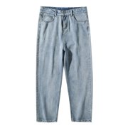 Men's Jeans Mens Simple Solid Color Japanese Washed Loose Straight Trousers Jeans Jeans Homme Blue M