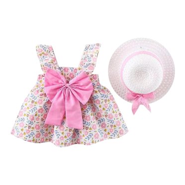 BYHONG Outdoor Play Outfit Toddler Kids Girls Floral Sleeveless Princess Dress Summer Back Bow Swing Dress Hats B 6-12 Months Dresses for Girls