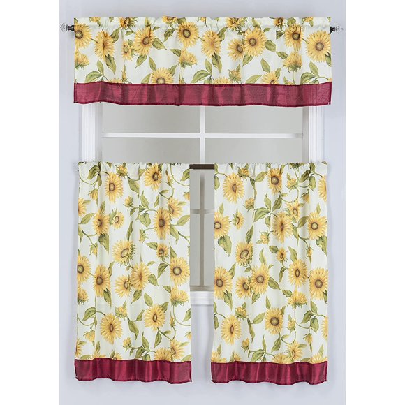 Ensemble de 3 Pcs de Rideaux de Cuisine à Motif Jacquard Imprimé (Comprend 2 Panneaux et 1 Cantonnière) par ATI (Imprimé Tournesol)