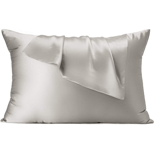 100% Mulberry Silk Pillowcase for Hair and Skin in a soft gray color, measuring 48 x 74 cm. Crafted from natural silk, it offers a smooth, breathable texture and features a hidden zipper for secure fit. Suitable for silk bedding enthusiasts, it helps prevent wrinkles, aging, and hair tangles.