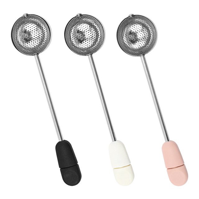 Infuseur à Thé Rotatif en Acier Inoxydable Poli Lavable Portable Réutilisable Manche Long Passoire à Mailles Filtre de Cuisine Intérieur Blanc