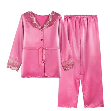 FAIWAD Ensemble de Pyjama en Satin pour Femmes à Manches Longues, Chemises à Boutons en Dentelle Brodée et Pantalons Longs, Ensemble de Nuit Classique
