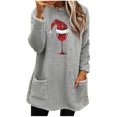 thumbnail image 1 of Pisexur Fuzzy Chandails de Noël pour Femmes Doublés en Molleton à Manches Longues à Col Rond Chandail d'Hiver Chaud Imprimé Verres de Vin Rouge Chandail de Noël à Enfiler Hauts avec Poches, 1 of 4