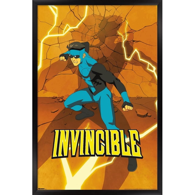 Invincible wall poster showing a superhero in a blue and black suit crouching with clenched fists in front of a cracked orange wall with yellow lightning bolts, framed in black. The bold yellow text 'INVINCIBLE' is displayed at the bottom. Ideal for bedroom or office wall decor.