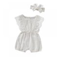 thumbnail image 1 of Baby Lace Little Flying Sleeve One-Piece Romper + Headscarf Female Baby Linen Back Button Lace Edge Romper  Two-Piece Set, 1 of 15