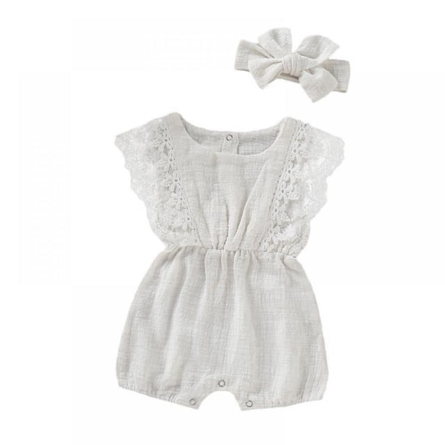 Baby Lace Little Flying Sleeve One-Piece Romper + Headscarf Female Baby Linen Back Button Lace Edge Romper Two-Piece Set