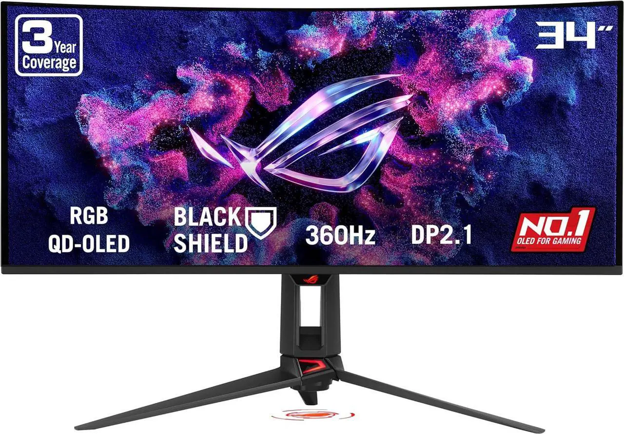 ASUS ROG SWIFT 34 inch QHD 2K 1440P 360Hz AMD FreeSync Premium Pro & G-SYNC Compatible 0.03ms HDR500 AUTO KVM TANDEM ROG BLACK SHIELD USB-C OLED Curved Gaming Computer Monitor