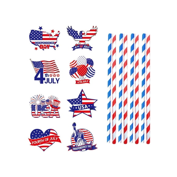 Independence Day Party Straw Insert Beverage Decoration Label Plastic Drink Accessory Patriotic Straw Flags For Cups 4Th Of July Celebration Party Supplies K-969