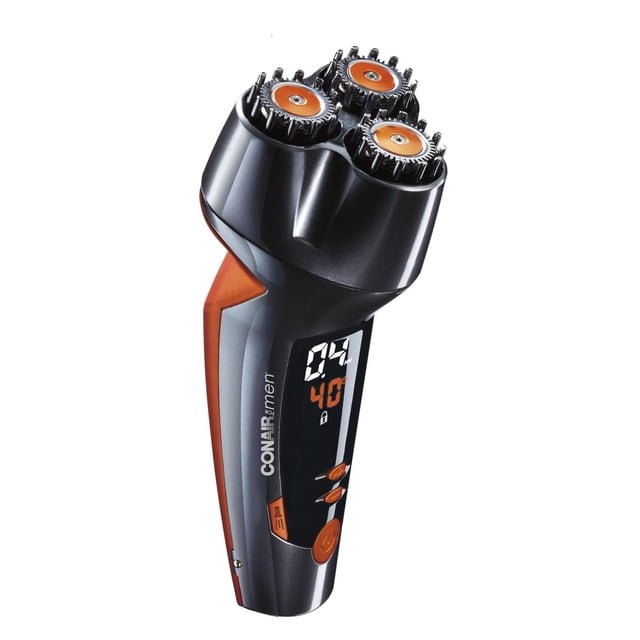 Le Tondeuse Électrique pour Barbe de Designer par Conair en Noir et orange avec Trois Lames Rotatives Doublement Affûtées, Affichage Numérique à DEL Indiquant 0,4 mm de Longueur et le Niveau de Batterie, Poignée Ergonomique avec Boutons de Commande, Convient à une Taille Précise et Résistante à l'Eau pour un Nettoyage Facile.