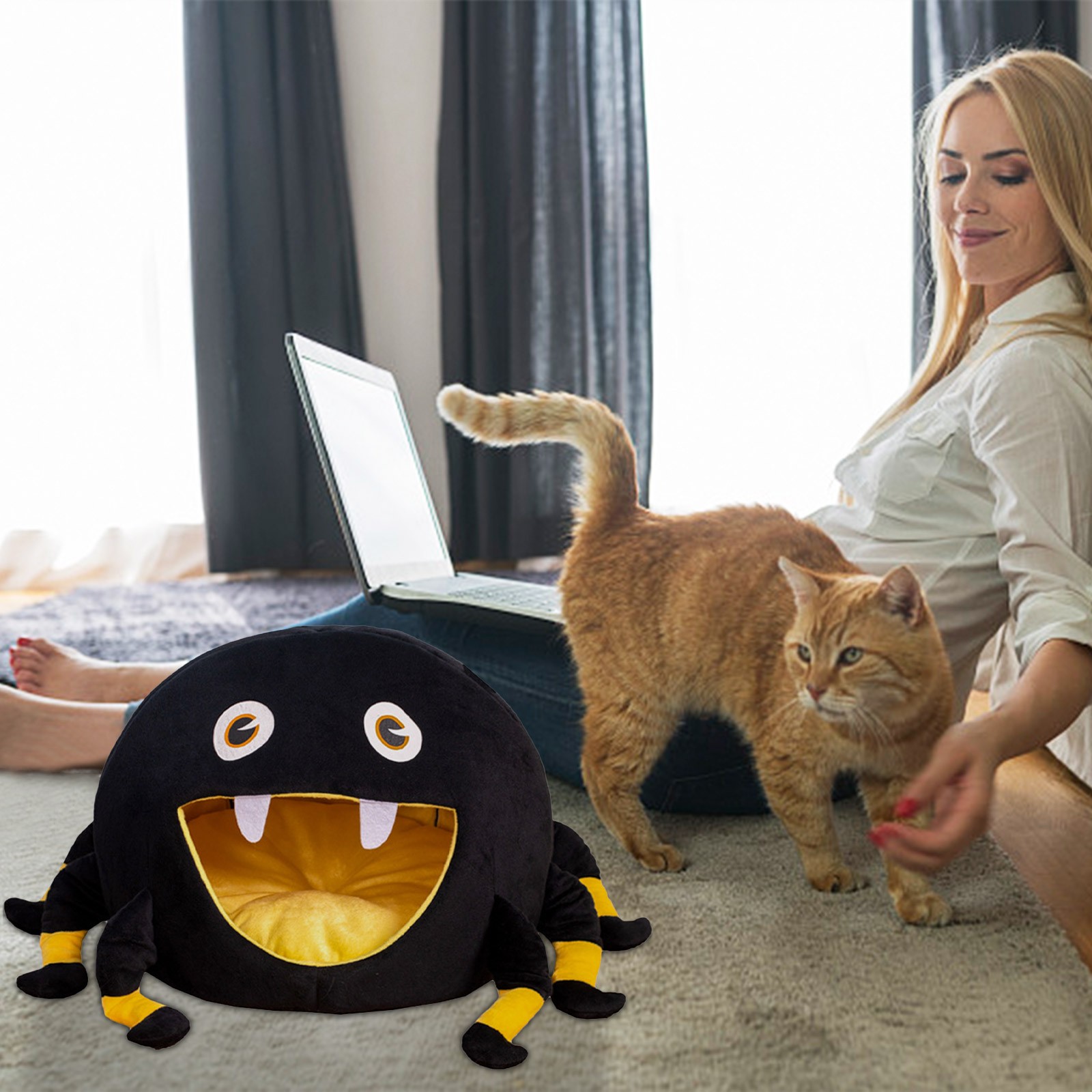 Suncoda Cat Bed, Black Spider Pet Bed Pet Villa Housepet Dog Bed Pet Supplies Semi-Enclosed Pet Dog Bed