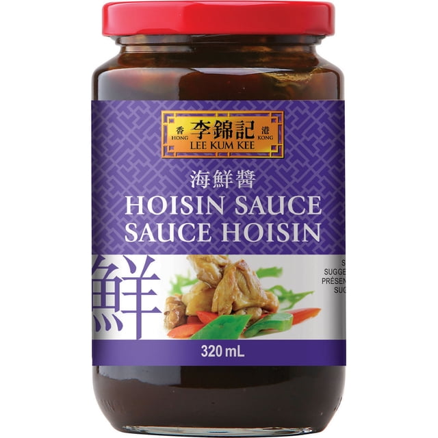 LKK HOISIN SAUCE 320 mL glass jar with red lid and purple label featuring Lee Kum Kee branding and bilingual text, showing cooked chicken with vegetables, ideal for marinating, stir-frying, dipping, and often used as a pizza sauce in Chinese and East Asian cuisine.