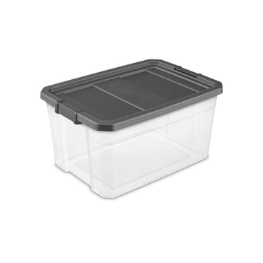 Sterilite 72 L Stacker Box, Durable Clear Plastic Storage Bin with Latch Lid, Dark Gray