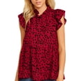 thumbnail image 2 of Chemisier Femme à Volants Sans Manches Blouse Imprimée Poupée Blouse à Imprimé Floral Haut à Col pour Femme, Rouge Vin, TG, 2 of 5