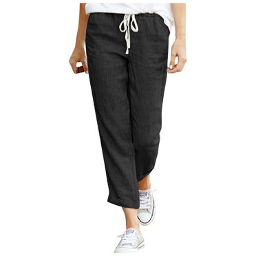 PEZHADA Fall Savings Women's Casual Lantern Tapered Pants Loose Style Flax Ankle Trousers Summer Baggy Pants with Pocket Black