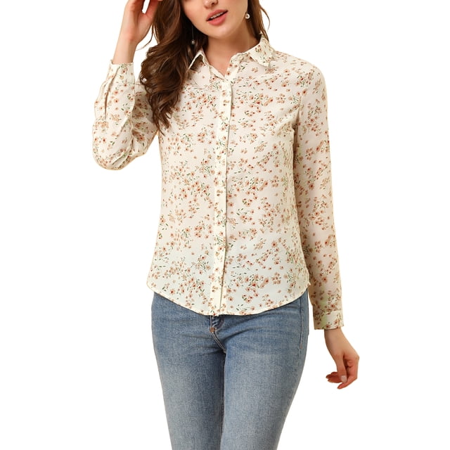 INSPIRE CHIC Chemise Boutonnée pour Femme TP Blanche avec Petit Imprimé floral, Manches Longues et Col Pointu. Fabriquée en Tissu Léger pour le Confort, Ce Haut de Bureau Mélange Formalité et style Décontracté. Idéal à Agencer avec des jeans Ou des Jupes.