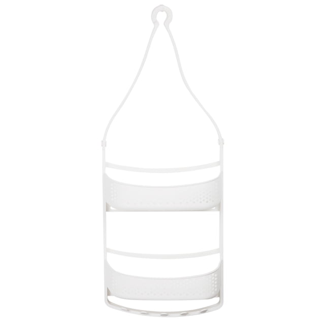 Era Sway Shower Caddy White 10.75x27in with two flexible rubber tiers and five bottom hooks, designed to hang over a showerhead or curtain rod with four suction cups for added stability, suitable for organizing shower toiletries and accessories.