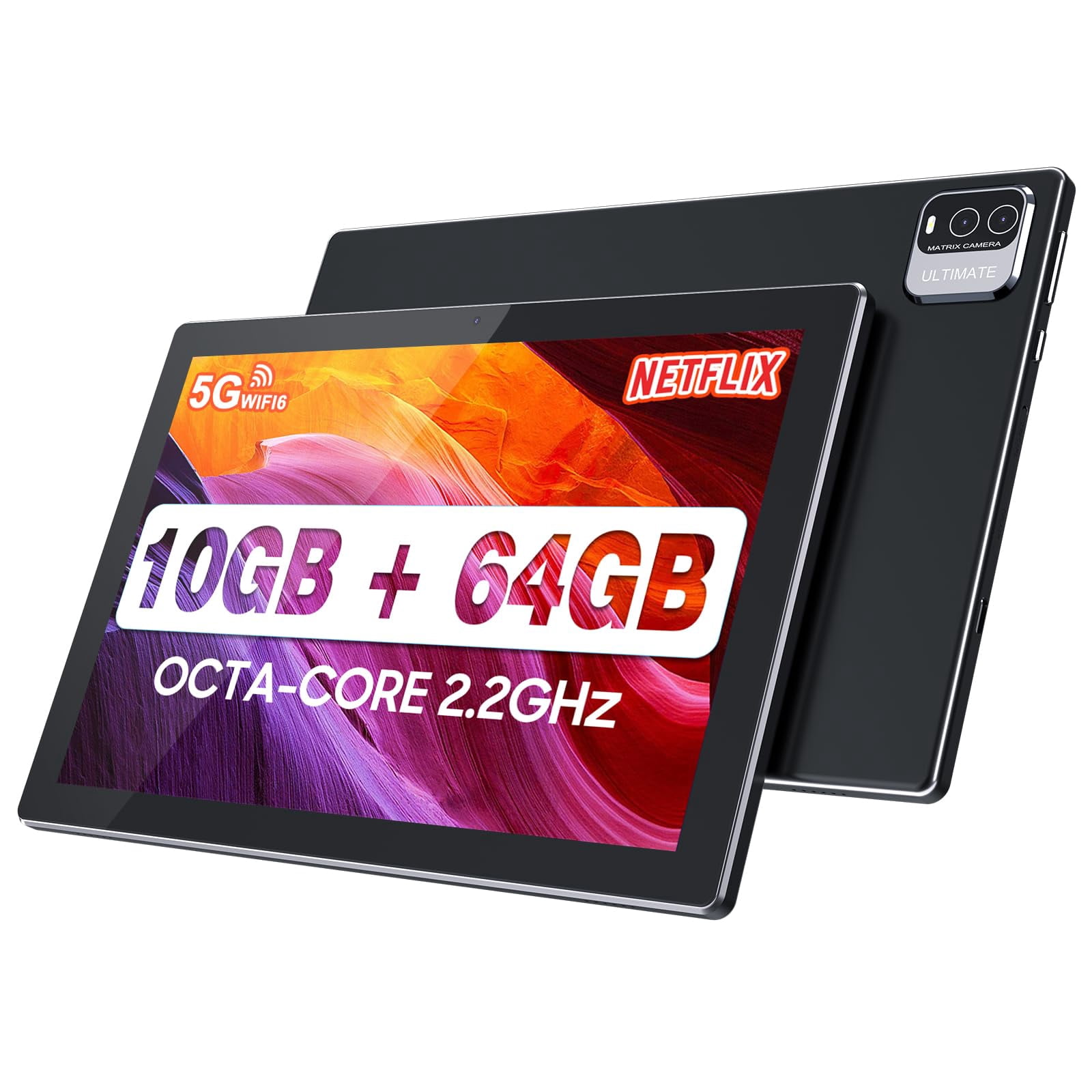 YQSAVIOR 10.1 inch Android 13 Tablet, 10GB RAM+64GB ROM+1TB Expandable Computer Tablets PC, MTK8768 Octa-CORE 2.2GHZ, IPS 1280 * 800 Screen, 2+8MP Dual Camera, WiFi, BT, Black