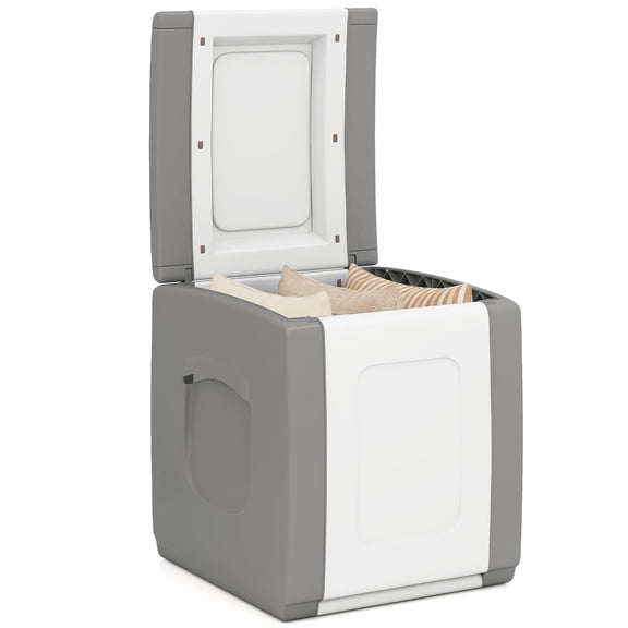Gymax Coffre de Terrasse Contenant de Patio avec Couvercle Verrouillable Bac de Rangement en Plastique Résistant aux Intempéries Gris et Blanc