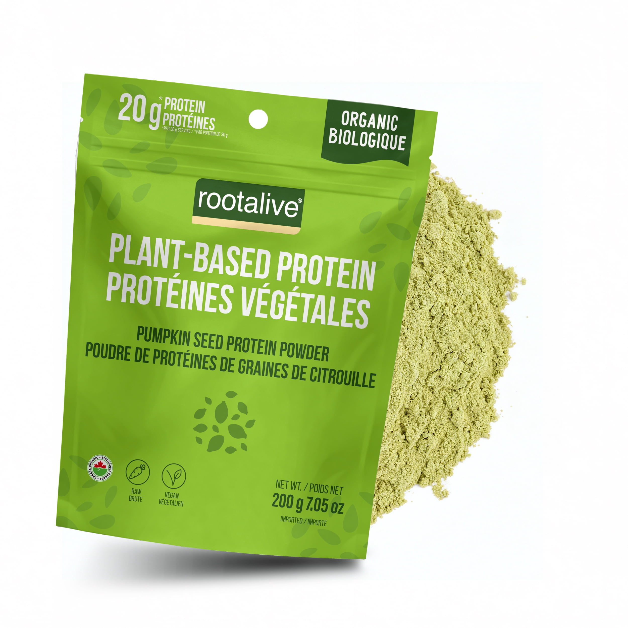 Rootalive Organic Pumpkin Seed Protein Powder, 200g Resealable Bag – 20g Plant-Based Protein per Serving – Raw, Vegan, Clean Ingredient