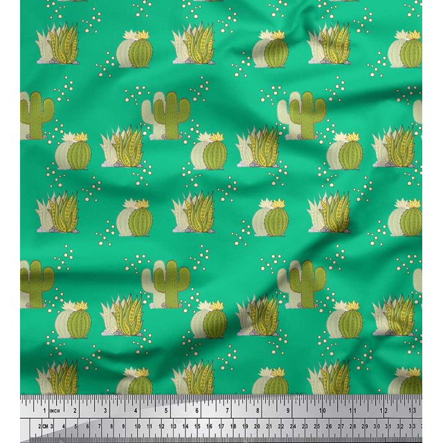 Soimoi Tissu en Poly Georgette Vert Imprimé Plantes Marines & Cactus, Largeur 52 Pouces