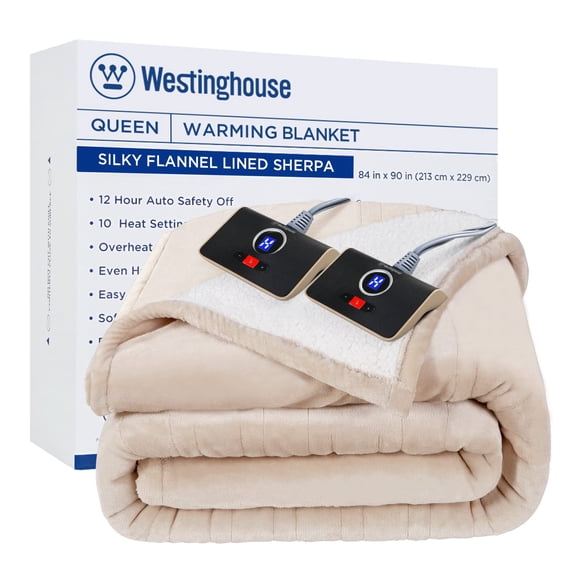 Westinghouse Heated Blanket Queen Size Soft Flannel to Sherpa Electric Blanket with 10 Heating Levels 12 Hours Auto Off Fast Heating Blanket Machine Washable 84x90 Inch Beige