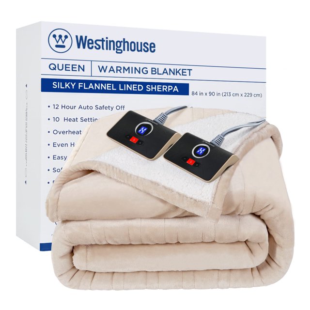 Westinghouse Heated Blanket Queen Size Soft Flannel to Sherpa Electric Blanket with 10 Heating Levels 12 Hours Auto Off Fast Heating Blanket Machine Washable 84x90 Inch Beige