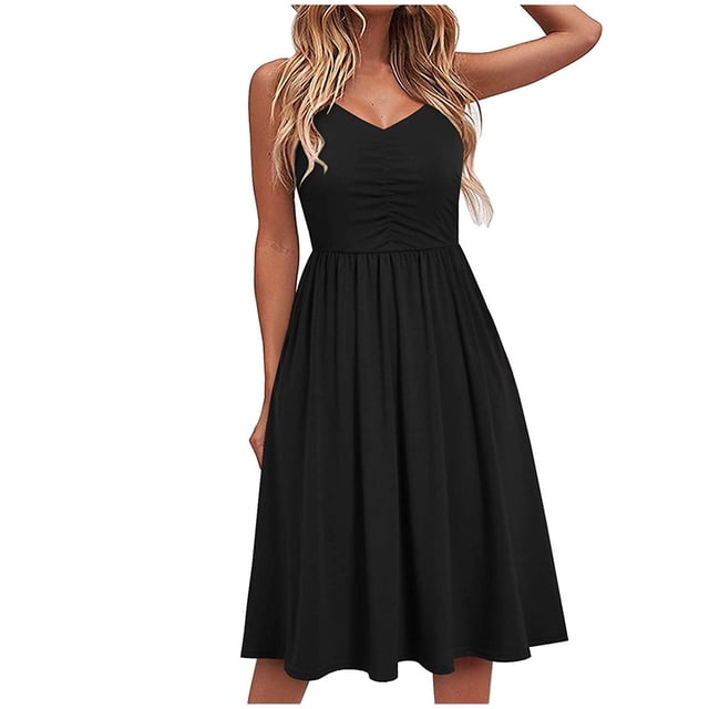 Pisexur Robes pour Femmes en Coton et Lin Couleur Unie Col en V Robe Midi Bretelles Spaghetti Robe Mini Été Décontractée Tunique Robes d'Été Sans Manches Plissée Longueur Genou Robe Mode Fluide Robes de Plage