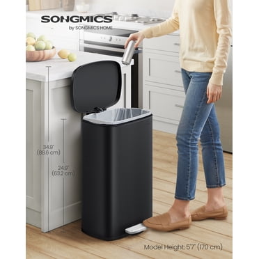 SONGMICS 13 Gallon Trash Can, Stainless Steel Kitchen Garbage Can, Recycling or Waste Bin, Soft Close, Step-On Pedal, Removable Inner Bucket, Black