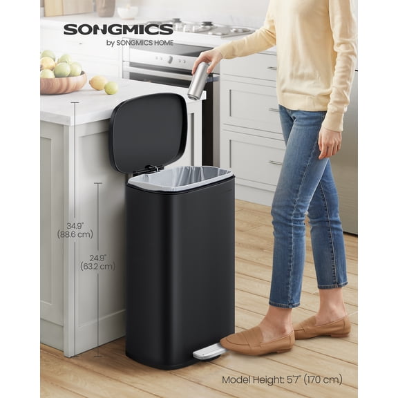 SONGMICS 13 Gallon Trash Can, Stainless Steel Kitchen Garbage Can, Recycling or Waste Bin, Soft Close, Step-On Pedal, Removable Inner Bucket, Black