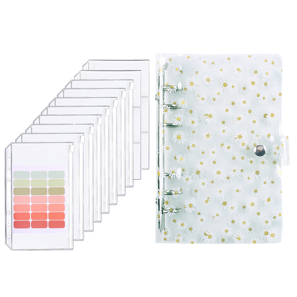 A6 Budget Envelope Binder Budget Planner Binder with Clear Sequin Cover 8 Zipper Pockets Card Pouch Double Pocket and Labels