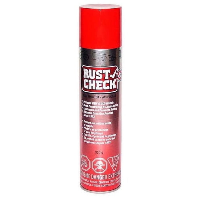 Rust Check Inhibiteur de Rouille 350 g Bombe Aérosol avec Capuchon Rouge et Étiquette Dégradé Rouge à Noir Comprenant un Texte Blanc Détaillant protection contre la Rouille Polyvalente, Lubrification pour Métaux Neufs et Anciens, Prévention de la corrosion et Desserrage des Pièces Saisies, Idéal pour Accessoires d'Outils Électriques et Entretien d'Outils, avec Symboles de danger Extrême à la base.