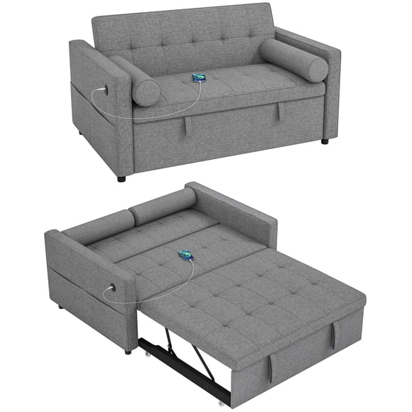 HOMCOM Sofa Bed, Pull Out Sleeper Couch with USB‑A+C, Linen Upholstery