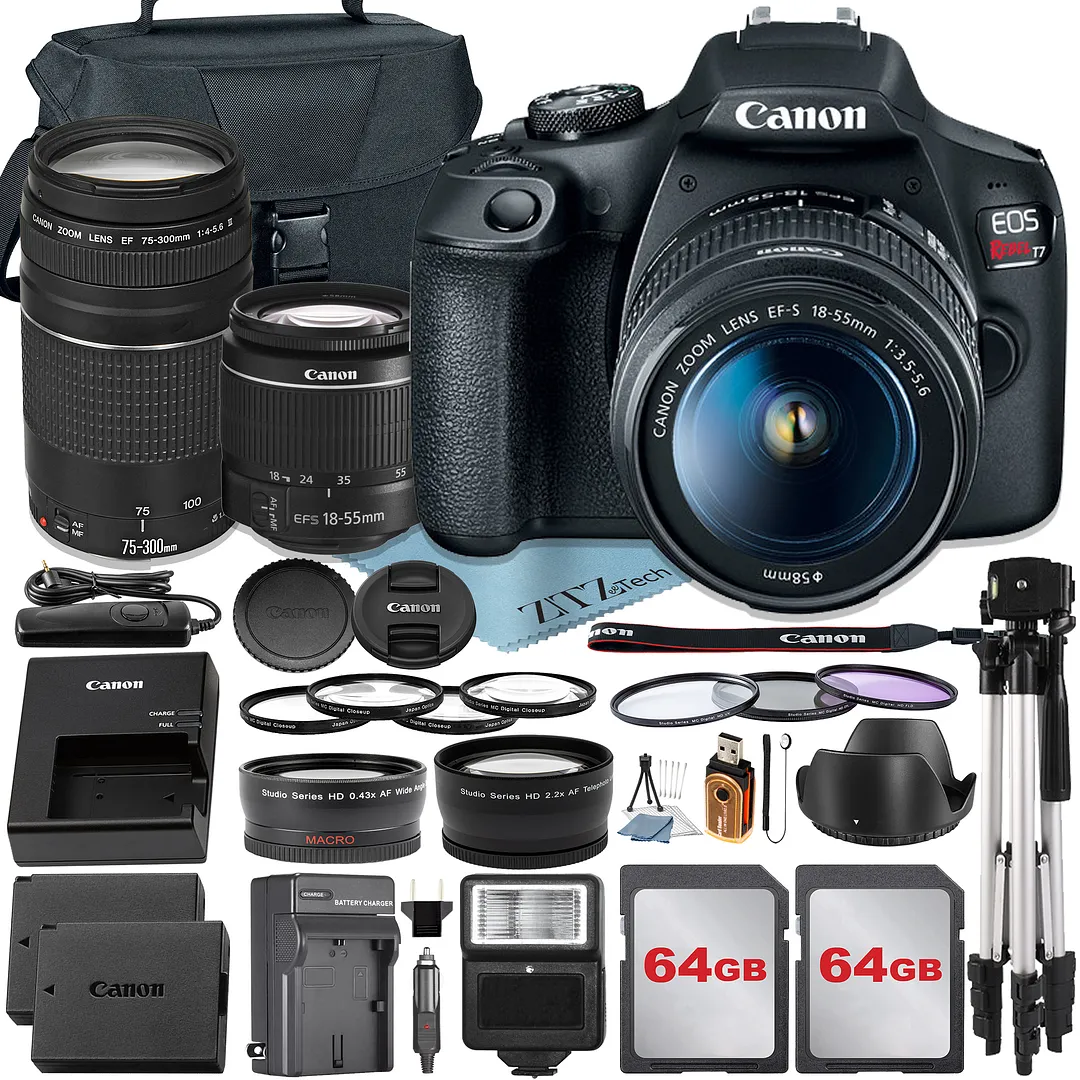 Canon EOS Rebel T7 DSLR Camera with 18-55mm + 75-300mm Lens + 2 Pcs 64GB Memory Card + Case + Tripod + Telephoto + ZeeTech Accessory Bundle