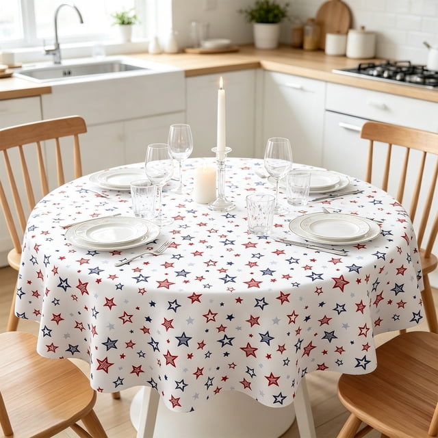 Patriotic Round Tablecloth 60 Inch ,4th of July Decorations Tablecloth 60 Inch Round Red White and Blue Fourth of July Table Cloth Independence Day Table Cover for Holiday Kitchen Dinning Party Decor