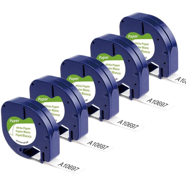 Ruban d'Étiquetage Compatible de Remplacement pour DYMO Letratag Affiché en Ensemble de Cinq Cartouches Bleu Marine avec Étiquettes Vertes et Blanches Lisant « white Paper » en Plusieurs Langues. le Ruban Est Noir sur Blanc, Mesure 12 mm (1/2 Pouce) de Large et 4 m (13 Pieds) de long, Convient à l'Étiquetage à la Maison, au Bureau, à l'École et en Milieu Industriel. Compatible avec les Imprimantes d'Étiquettes DYMO Letratag, Y Compris LT-100H,