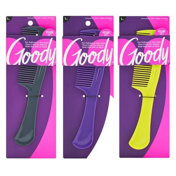 Goody Super Detangling 1Ct combs in black, purple, and yellow with curved handles and wide teeth, individually packaged on purple and pink backing, designed for detangling and volume lift in hair styling tools and hair combs categories.