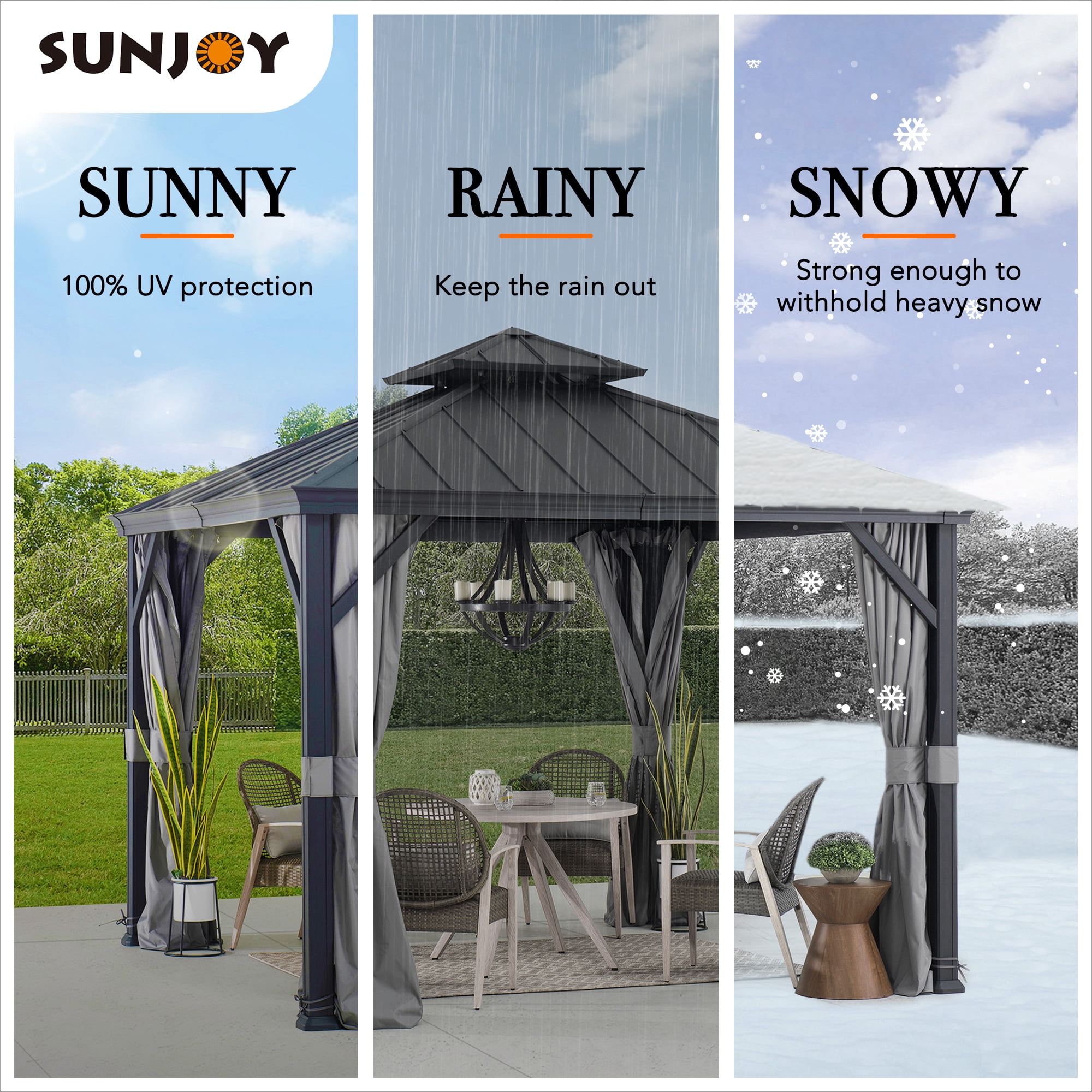 Sunjoy Tonnelle Gazebo Belvédère 10 pi x 10 pi avec toit rigide à 2 niveaux