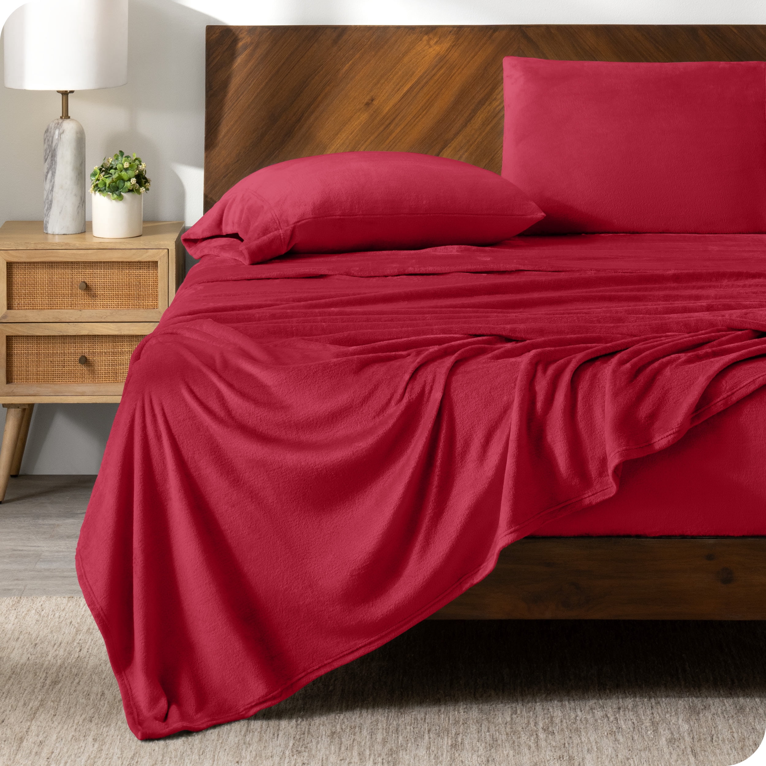 Bare Home Ensemble de Draps en Molleton Microplush - Ultra Doux - Poche Profonde - Grand Lit, Rouge