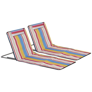 Outsunny Ensemble de 2 Chaises Longues de Plage, Tapis de Plage au Sol Pliant avec Dossier Réglable, Cadre en Acier, Coussin d'Appui-tête et Sac de Transport pour Cour Arrière au Bord du Lac, Rayures Colorées