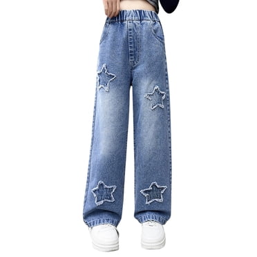 HNMKIU Girls Casual Denim Pants for Kids High Waist Straight Leg Jeans with Pockets for Girls 6 to 14 Years Elastic Waistband for Comfort and Style
